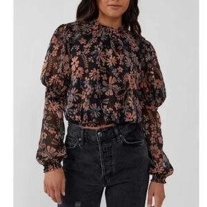 Free People Floral Clarissa Long Sleeve Blouse - Black and Pink